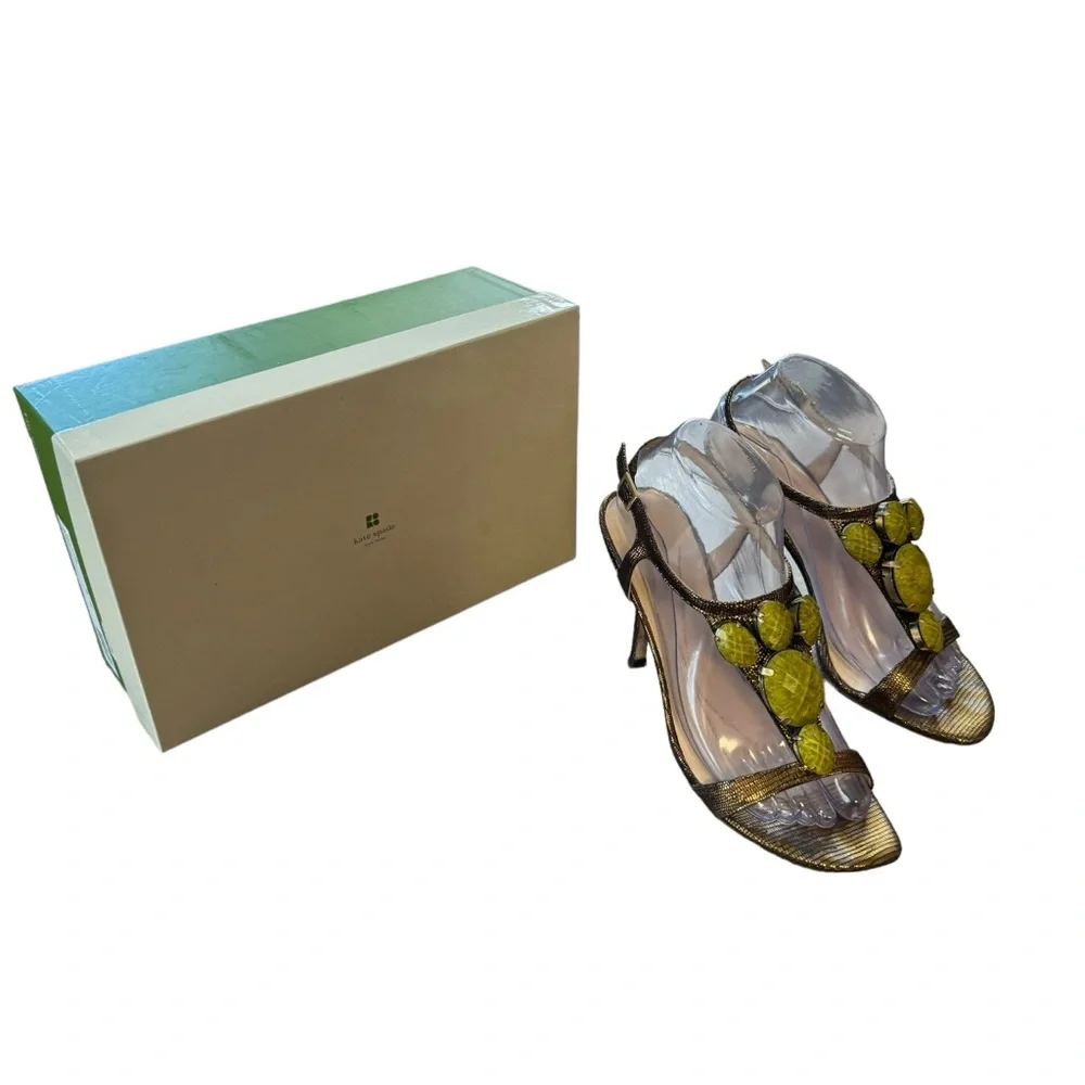 *Women’s Kate Spade Size 8 Lydia Bronze Metal Mini Lizard w Green Stones Sandals - Picture 1 of 14